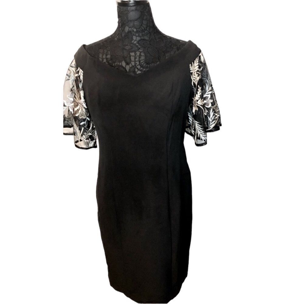 NWT “JBS” Black Women’s Dress Mid Length Embroidered Short See Through Sleeves